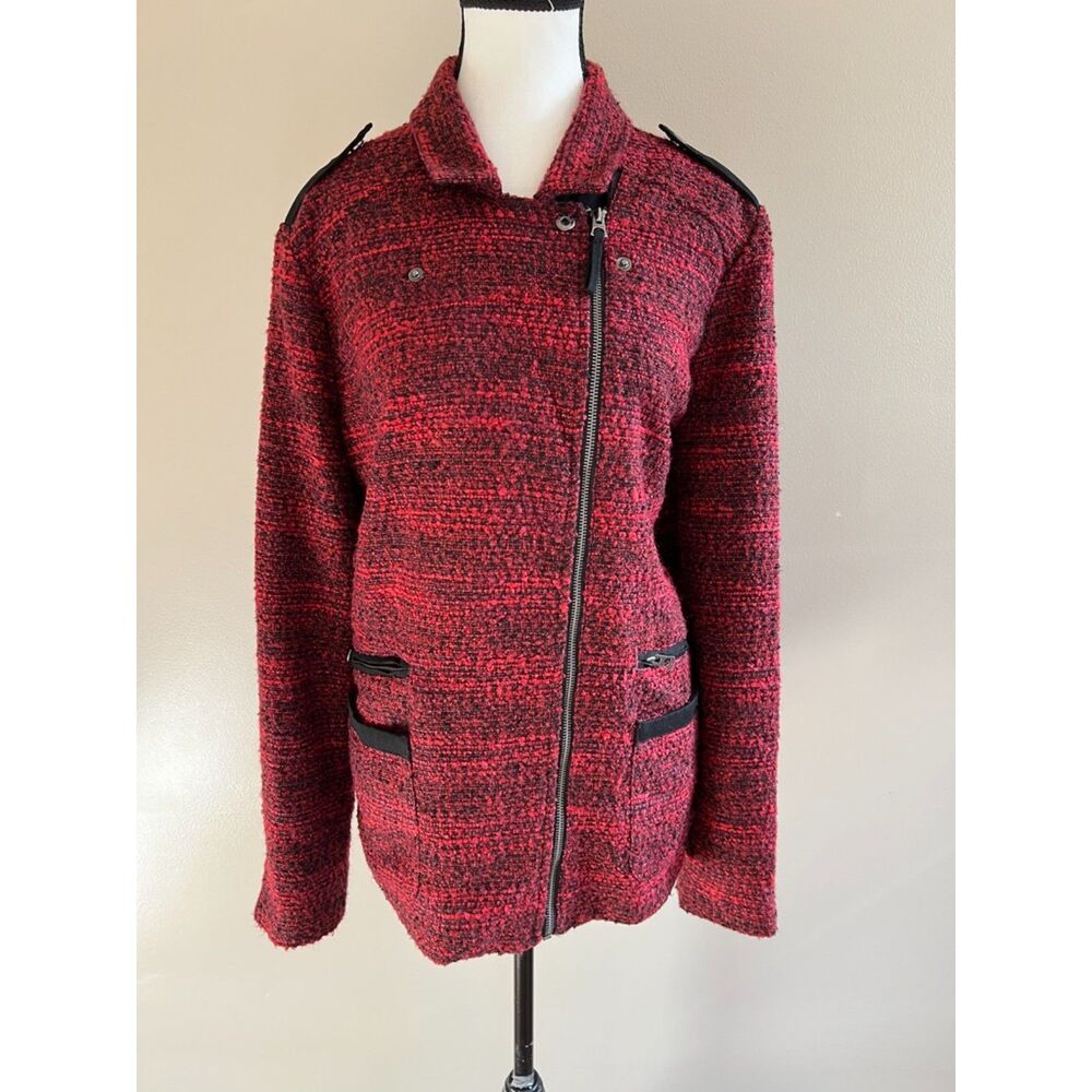Lucky Brand red and black tweed jacket with asymmetrical zip closure. Size XL.